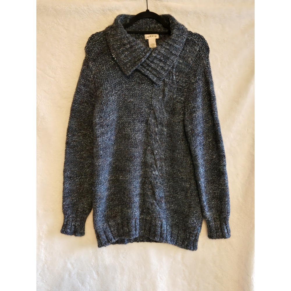 Orvis Women's Wool Blend Blue Sweater Size Large Thick Collar Long Sleeve